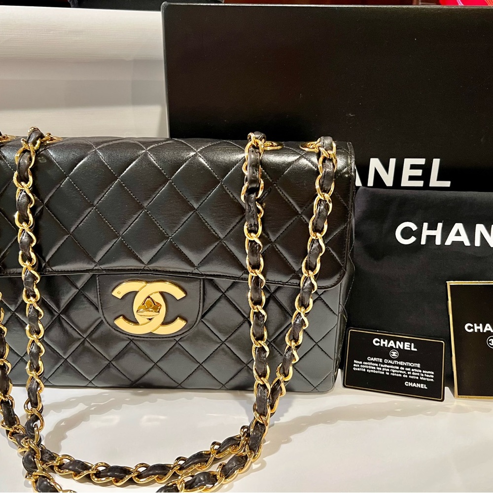 SOLD!! CHANEL Vintage 24K Classic Jumbo Single Flap Lambskin in Black with GHW